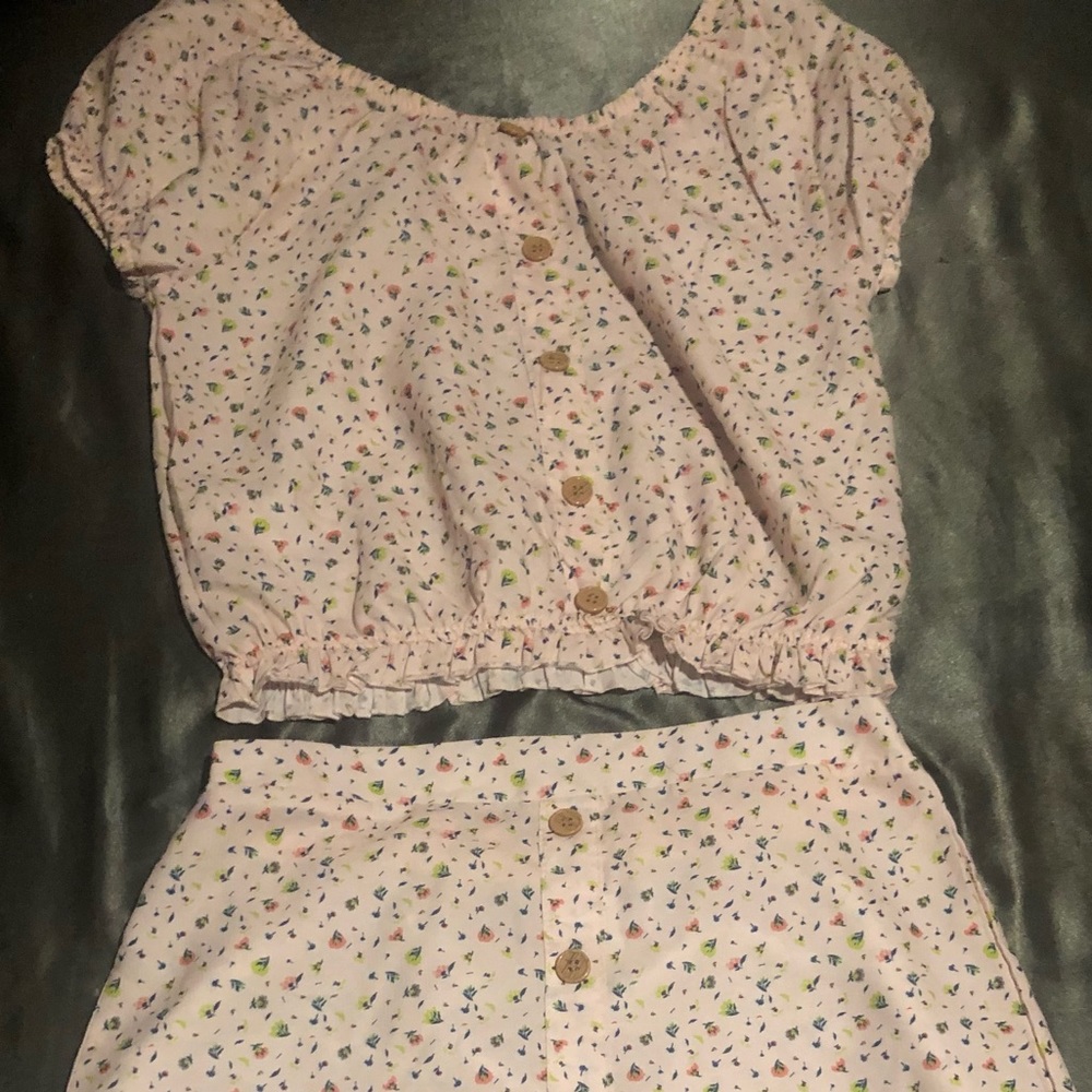 pink skirt and shirt with floral print skirt and top !